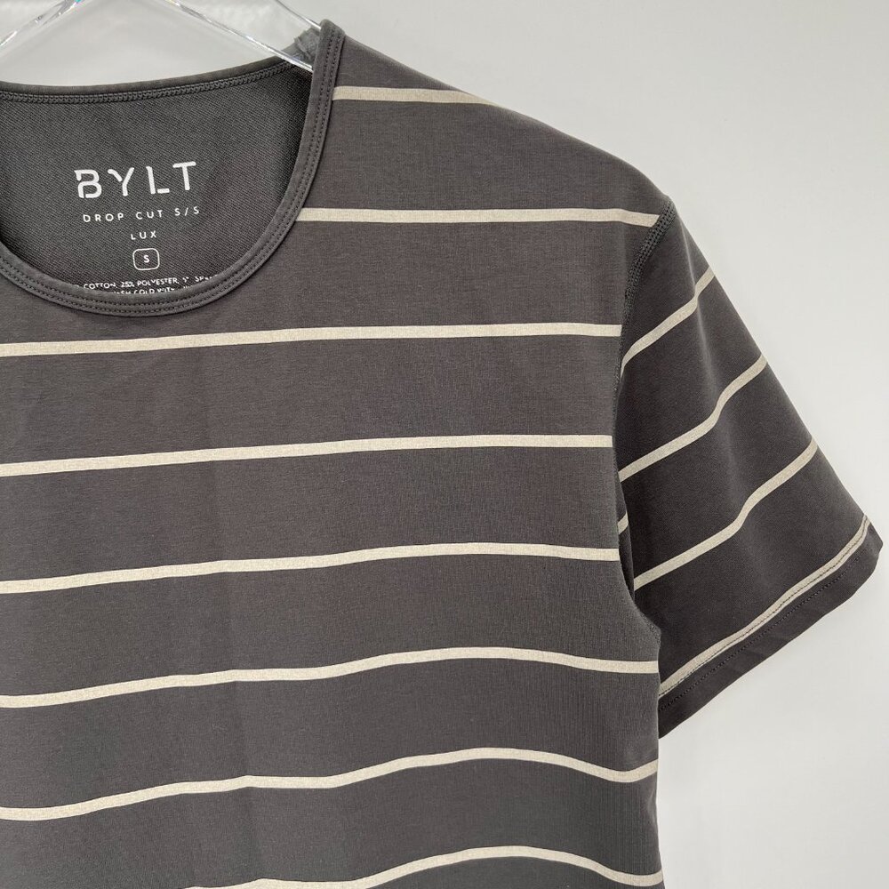 BYLT Drop Cut Short Sleeve Lux Size S T-Shirt Curved Hem Striped Gray Athletic - Picture 3 of 8